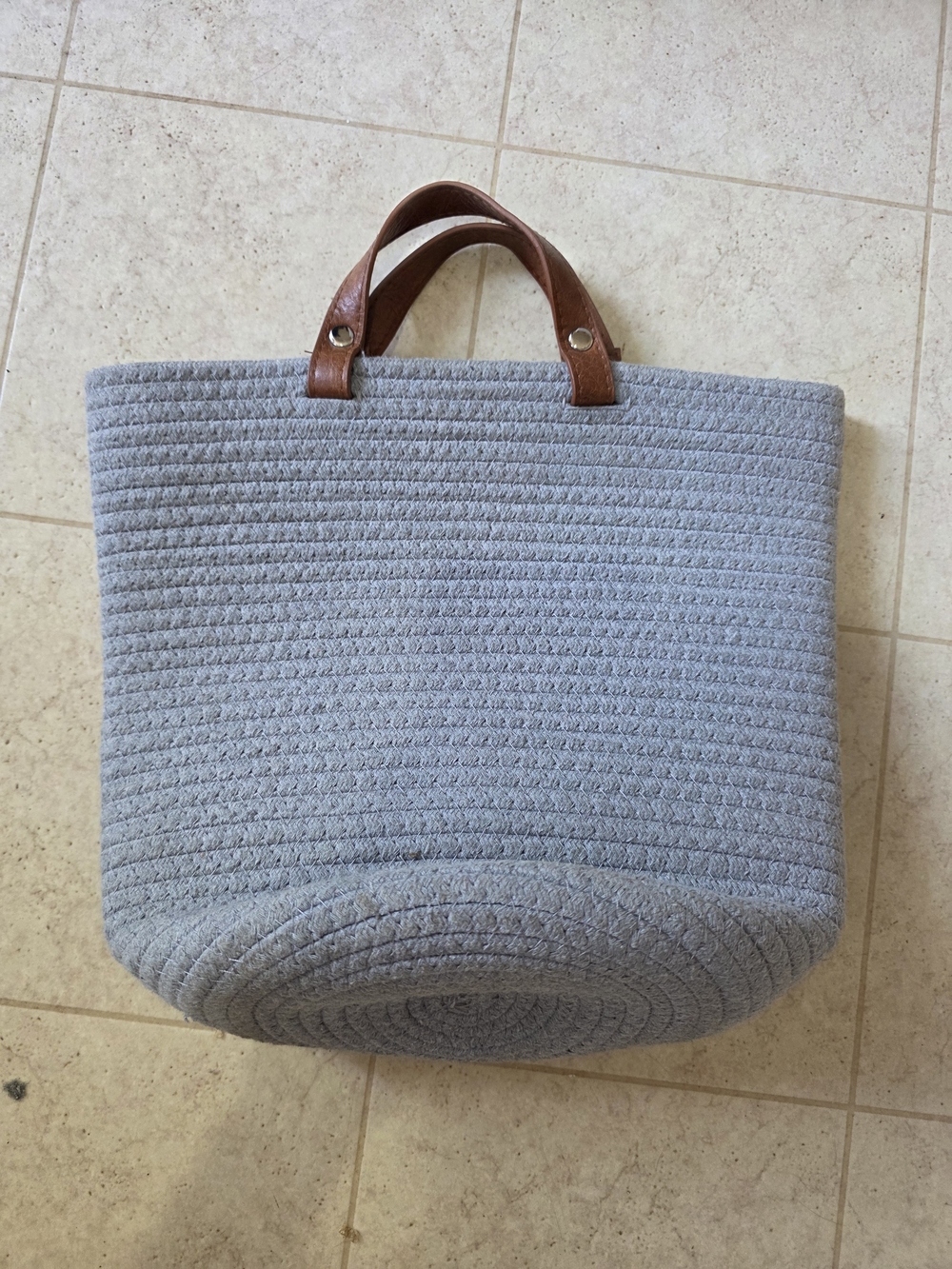Gray Woven Tote Bag with Brown Leather Handles